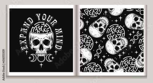 Vintage label, pattern with human skull like cup, labyrinth, stars, tripple goddes sign. Concept of sacred spirit, magic, expanded mind, psychic abilities. Mystical surreal illustration