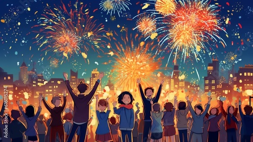 Happy people celebrating new year, fireworks in background, Generative Ai