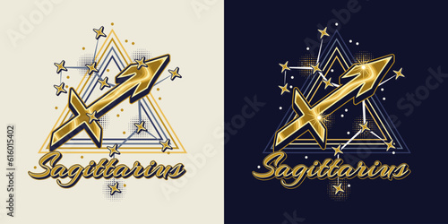 Golden icon of zodiac sign Sagittarius with constellation with stars, text, triangle as alchemical symbol for fire element. Horoscope esoteric design elements. Vintage style.
