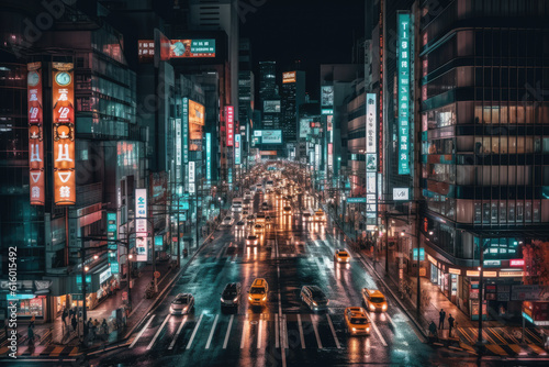 a city at night time with cars and neon lights on the street in the middle of the image is taken from above © Golib Tolibov