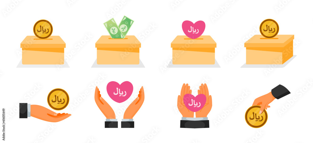 Donation Using Riyal Money Icons. Translation: Riyal Donation Using Riyal Money Icons. Translation: Riyal