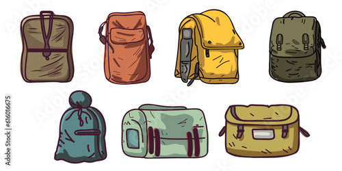 Set of travel bags. Cartoon backpack and bags. Camping and hiking backpack. Travel luggage. Travelers luggage, vector illustration isolated on white background