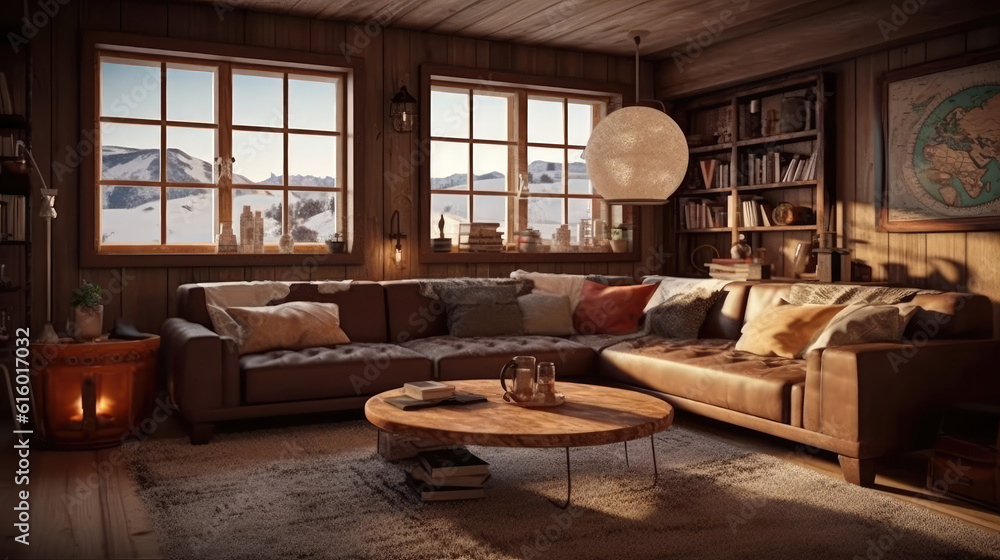 A cozy Norwegian cabin. Generative AI A cozy Norwegian cabin. Generative AI
