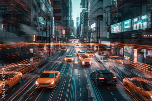 an urban city at night with cars and buses moving on the road in motion bluring around them, as if they are not