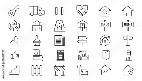 Real Estate minimal thin line web icon set. Included the icons as realty, property, mortgage, home loan and more. Outline icons collection