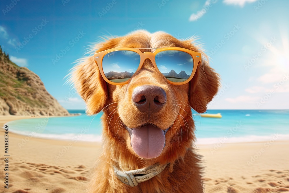 Happy Dog portrait on vacation on the beach, ai generative