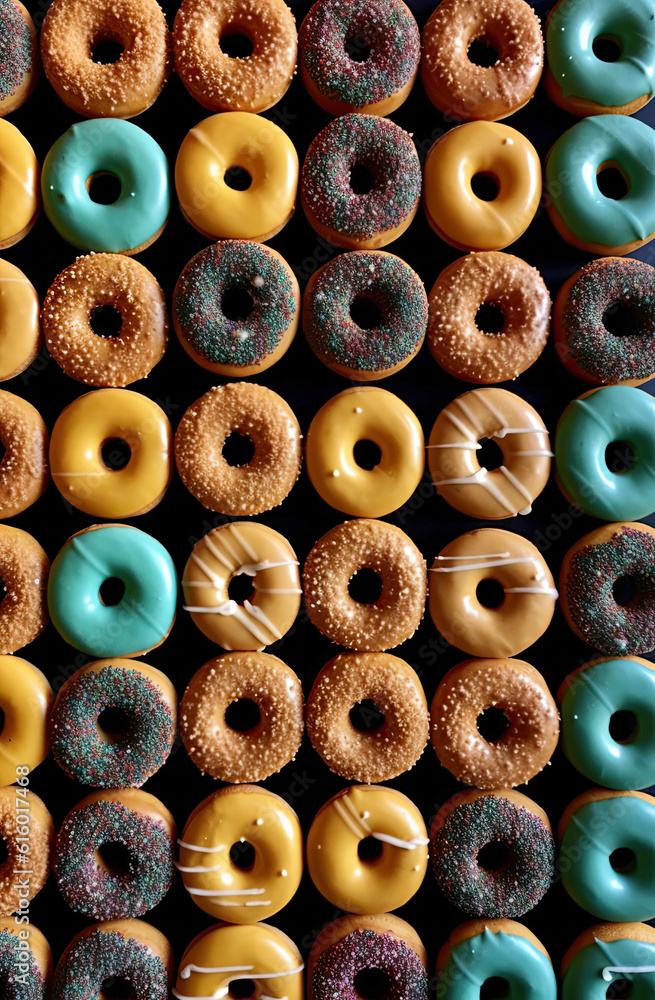 many different colored donuts with sprinngs on them in the background is blue, green, and brown many different colored donuts with sprinngs on them in the background is blue, green, and brown