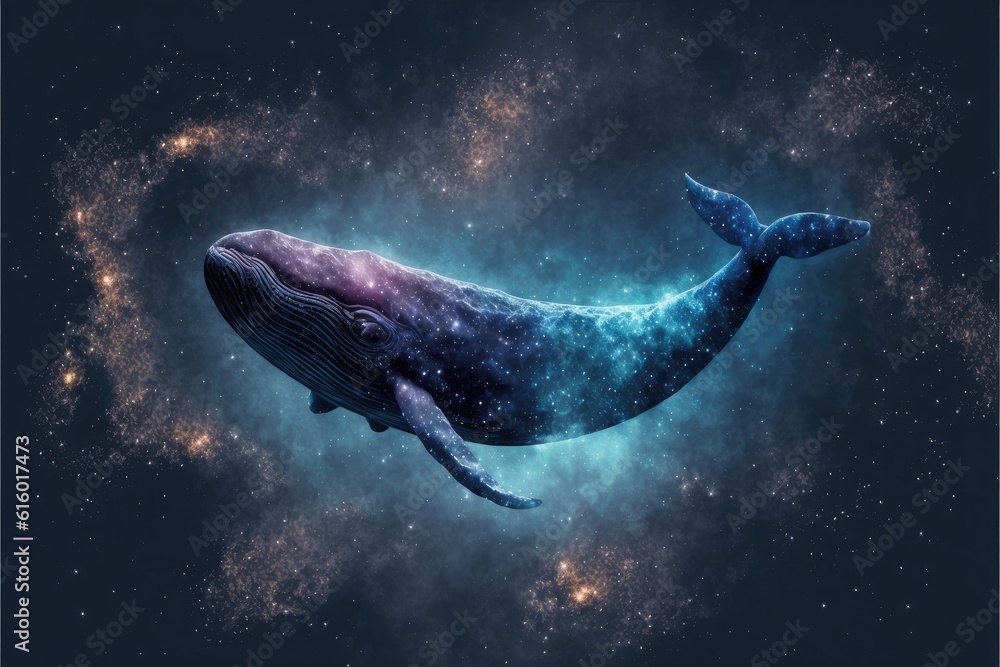 Swimming whale among fantasy abstract art in outer space among ...