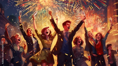 Happy people celebrating new year  fireworks in background  Generative Ai