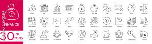Finance thin line icons set. Money, bank, payment, currency, piggy, saving, earning, financial budget, mutual fund and revenue. Vector Illustration