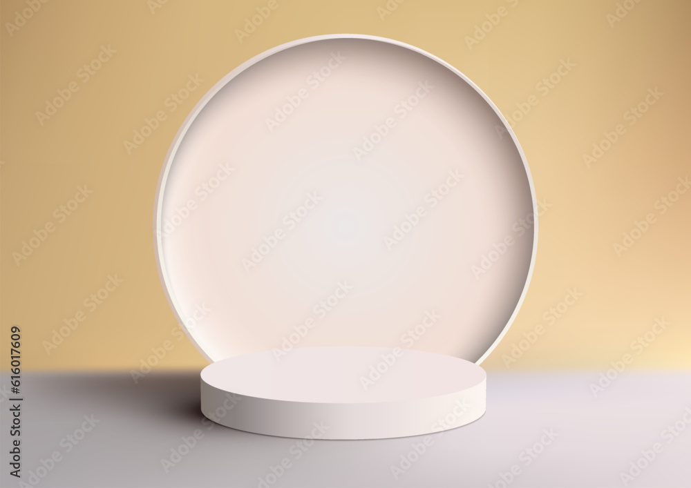 3D realistic empty white podium stand with white circle backdrop on yellow background 3D realistic empty white podium stand with white circle backdrop on yellow background