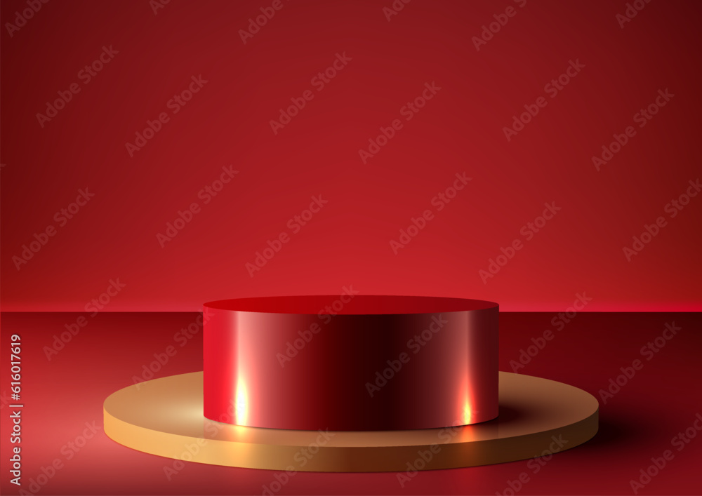 3D realistic empty red and gold podium stand on red background modern luxury style 3D realistic empty red and gold podium stand on red background modern luxury style