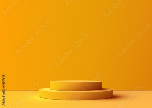 3D realistic empty yellow podium stand on yellow background