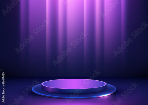 3D realistic empty neon colors podium on dark blue background technology style