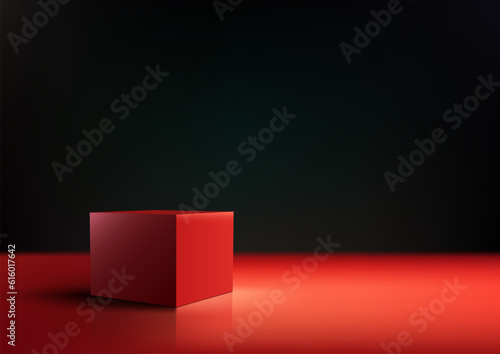 3D realistic red box podium stand minimal wall scene on black background minimal style
