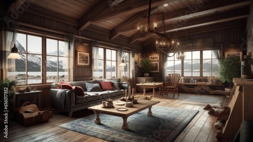 A cozy Norwegian cabin. Generative AI © piai