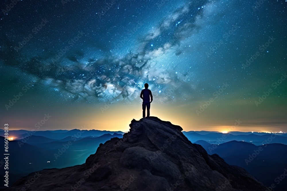 Silhouette of a man standing on top of a mountain and looking at the milky way with AI-Generated Images
