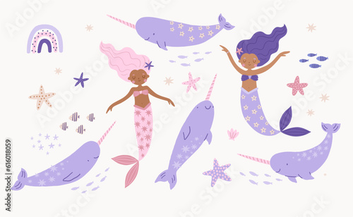 Cute cartoon magical mermaid. Adorable fairytale, mythological underwater princesses. Flat cartoon colorful vector illustration.