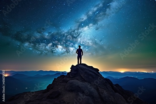 Silhouette of a man standing on top of a mountain and looking at the milky way with AI-Generated Images 