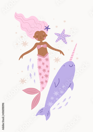 Cute cartoon magical mermaid. Adorable fairytale, mythological underwater princesses. Flat cartoon colorful vector illustration.