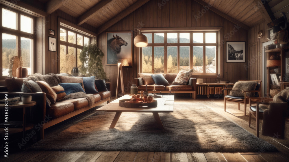 Fototapeta premium A cozy Norwegian cabin. Generative AI