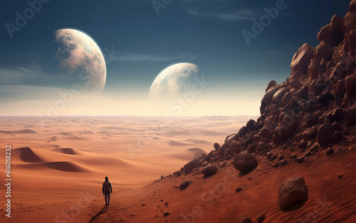 Standing alone on a vast plain overlooking the universe,created with generative ai tecnology.