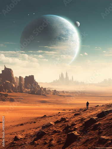 Standing alone on a vast plain overlooking the universe,created with generative ai tecnology. © henvryfo