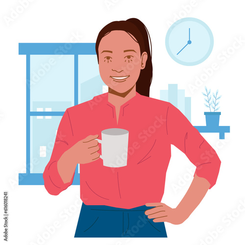 woman drinking coffee before work in flat illustration