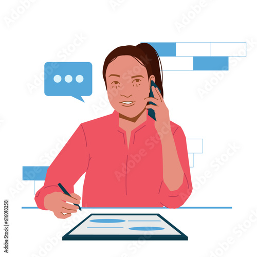  woman on call writing down in office in flat illustration