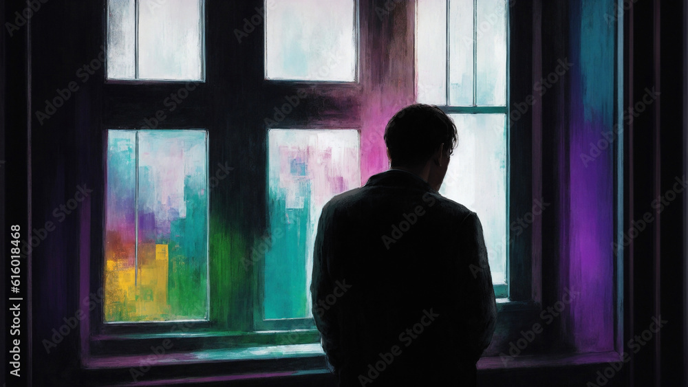Silhouette of a sad or depressed man in a window Silhouette of a sad or depressed man in a window