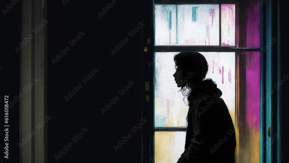 Silhouette of a sad or depressed person in a window