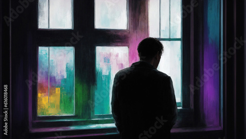 Silhouette of a sad or depressed man in a window