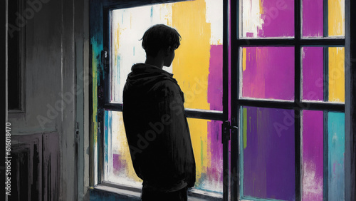 Silhouette of a sad or depressed person in a window