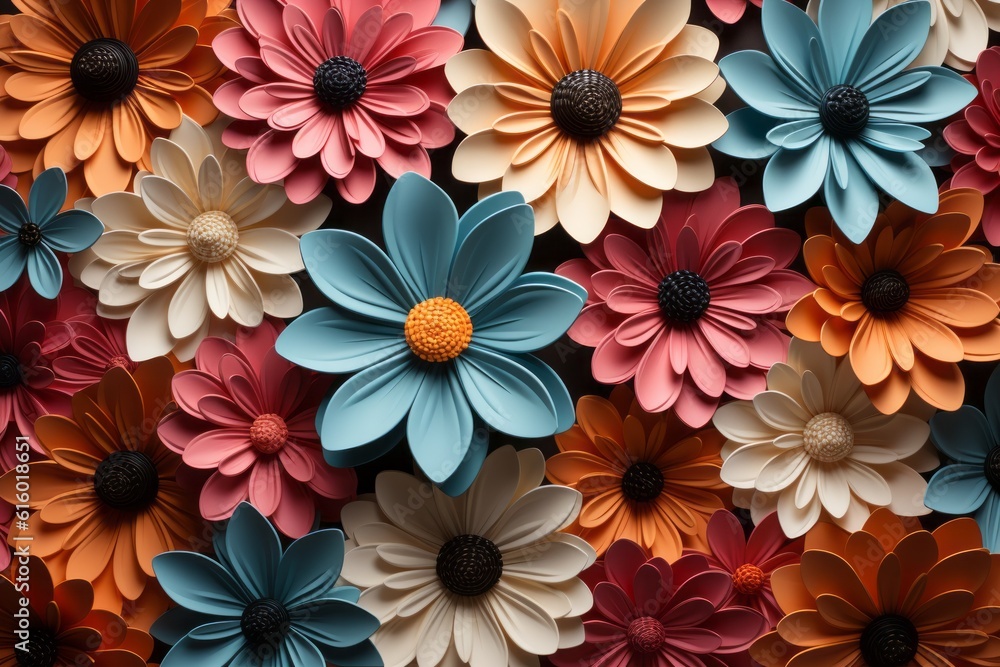 Illustration of a floral wall decoration with vibrant colors and intricate patterns created with Generative AI technology