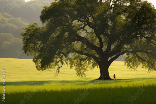 a large tree in the middle of a grassy field with two people sitting under it and one person standing underneath