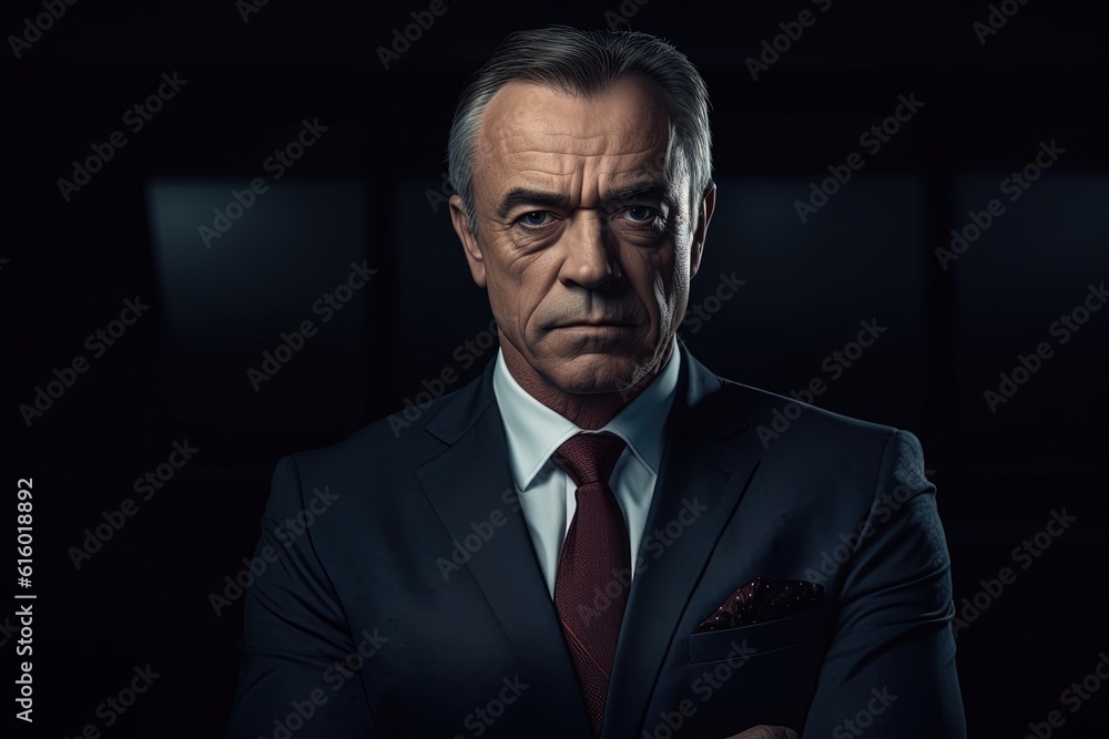 Portrait of mature businessman in suit looking at camera on black background.Generative Ai Portrait of mature businessman in suit looking at camera on black background.Generative Ai