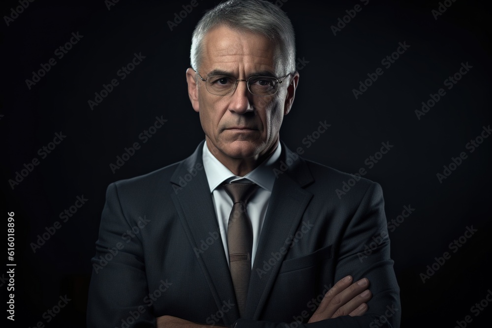 Portrait of mature businessman in suit looking at camera on black background.Generative Ai Portrait of mature businessman in suit looking at camera on black background.Generative Ai