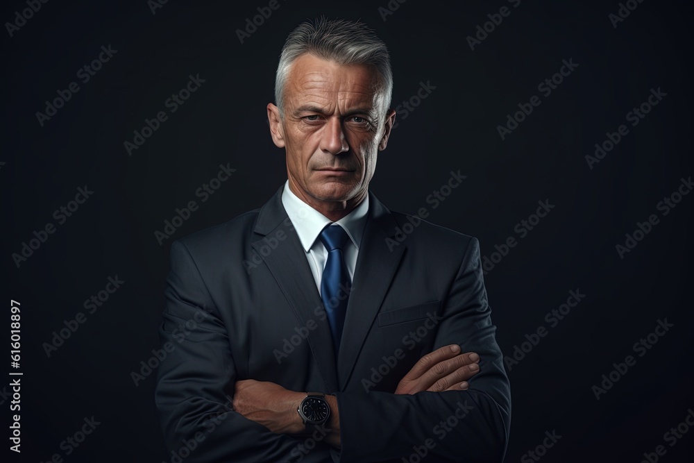 Portrait of mature businessman in suit looking at camera on black background.Generative Ai Portrait of mature businessman in suit looking at camera on black background.Generative Ai