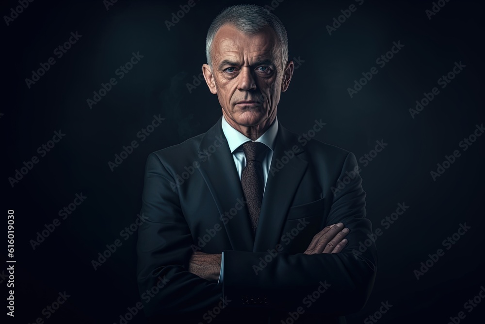 Portrait of mature businessman in suit looking at camera on black background.Generative Ai Portrait of mature businessman in suit looking at camera on black background.Generative Ai