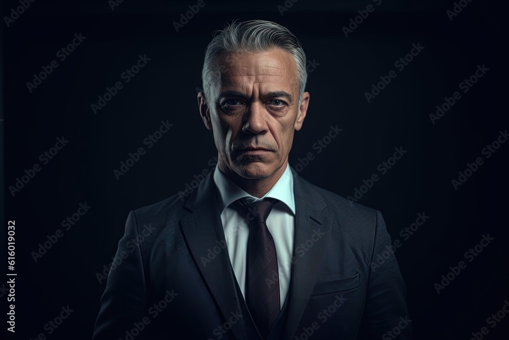 Portrait of mature businessman in suit looking at camera on black background.Generative Ai Portrait of mature businessman in suit looking at camera on black background.Generative Ai