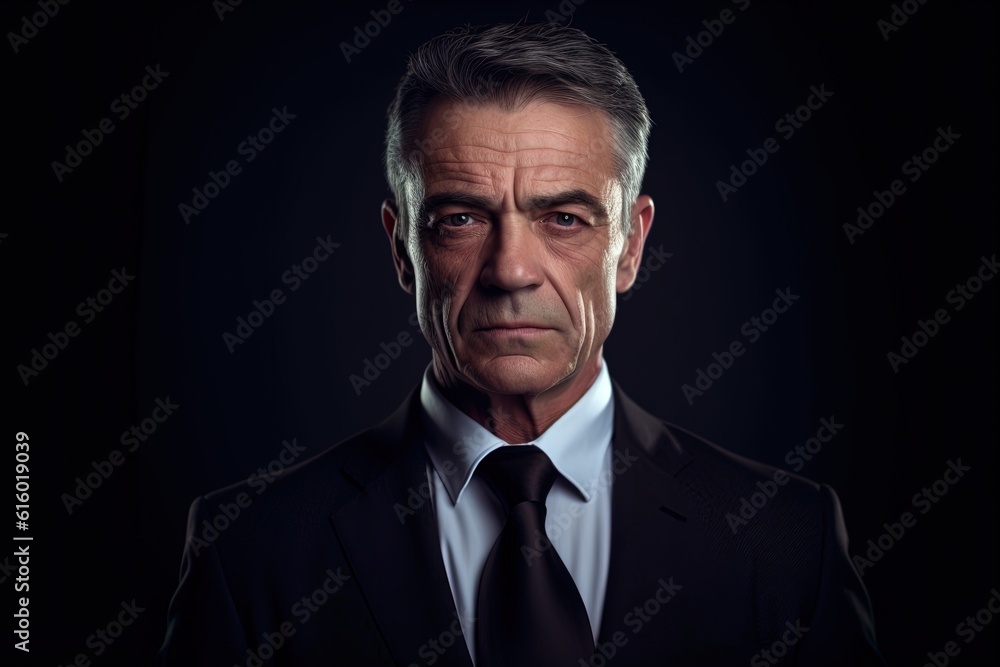 Portrait of mature businessman in suit looking at camera on black background.Generative Ai Portrait of mature businessman in suit looking at camera on black background.Generative Ai