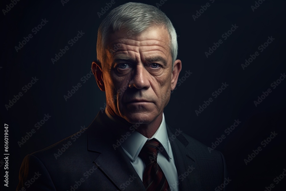 Portrait of mature businessman in suit looking at camera on black background.Generative Ai Portrait of mature businessman in suit looking at camera on black background.Generative Ai