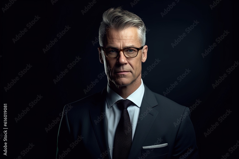 Portrait of mature businessman in suit looking at camera on black background.Generative Ai Portrait of mature businessman in suit looking at camera on black background.Generative Ai