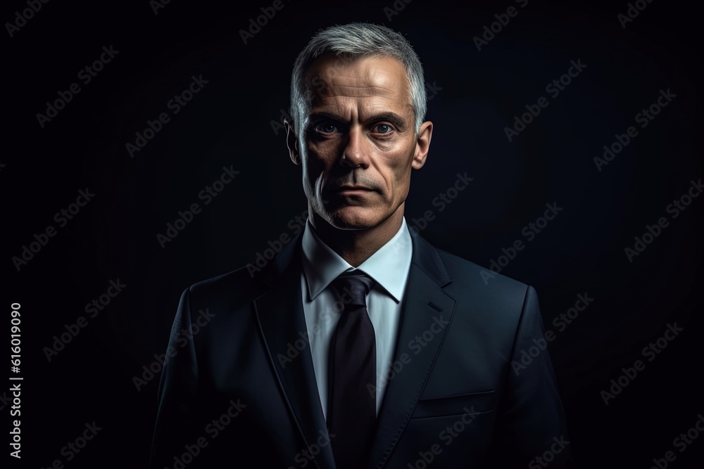 Portrait of mature businessman in suit looking at camera on black background.Generative Ai Portrait of mature businessman in suit looking at camera on black background.Generative Ai