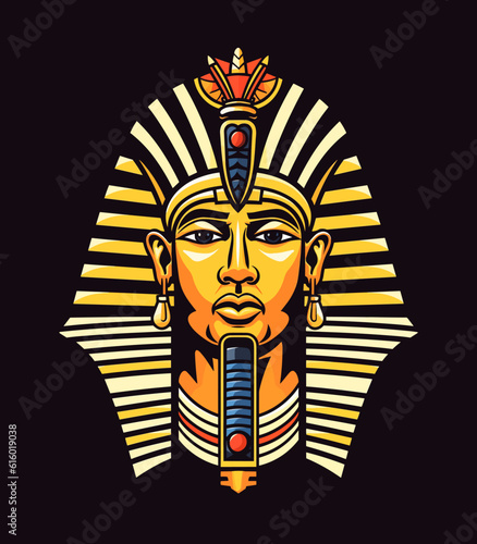 An intricately detailed Egyptian golden pharaoh vector clip art illustration, featuring ornate headdress and regal symbols, ideal for Egyptian mythology-themed artwork and cultural designs
