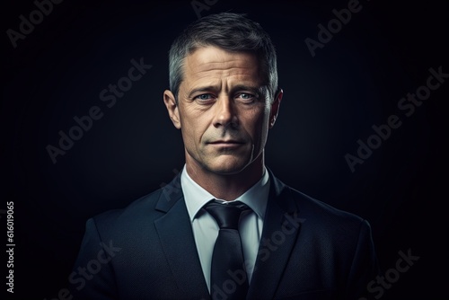 Portrait of mature businessman in suit looking at camera on black background.Generative Ai