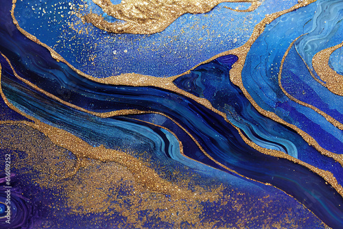 Blue and golden acrylic liquid ink swirl abstract background with ravishing turbulence wavy pattern and detailed texture. Luxury fluid liquid art by Generative AI.