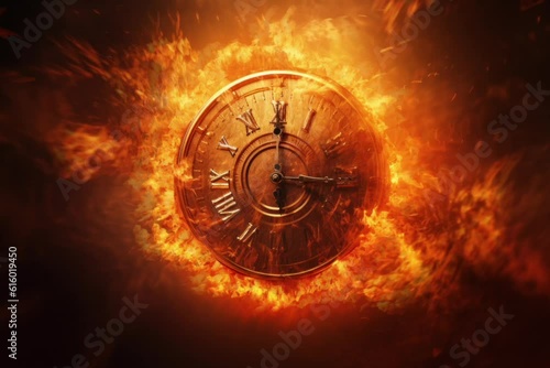 Infinite Flames: A clock engulfed in a blaze, symbolizing the eternal passage of time. Generative AI photo