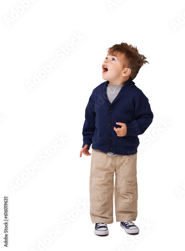 Boy, child and surprise is looking up with shock in png or isolated in transparent background. Wow, excited and amazed with kid or happy and omg expression and wonder or curious, cute in clothes.
