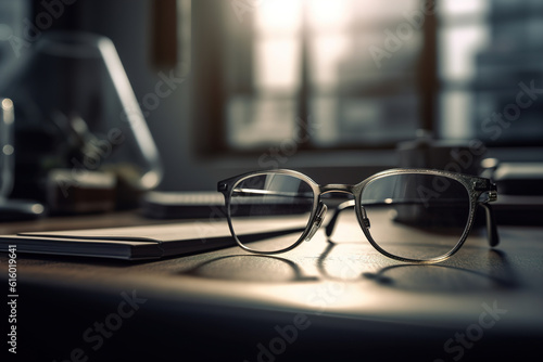 Close-up of glasses on the table at the workplace in the office, selective focus